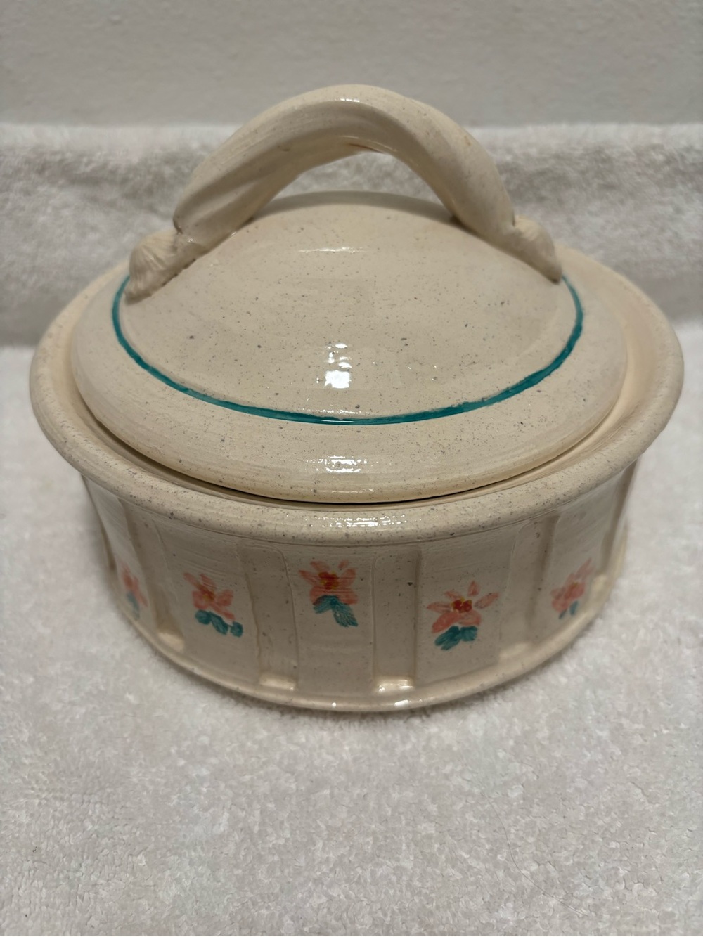 Hand-Painted Cream Ceramic Lidded crock Bowl with Teal Accents floral